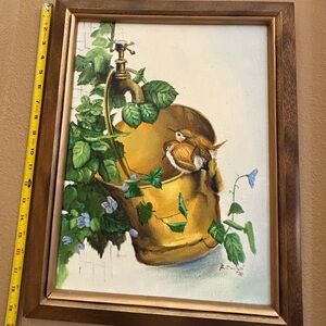 Vintage Bird Plant Original Painting Gallery Wall Art 70s Wood Frame - 19 X 15